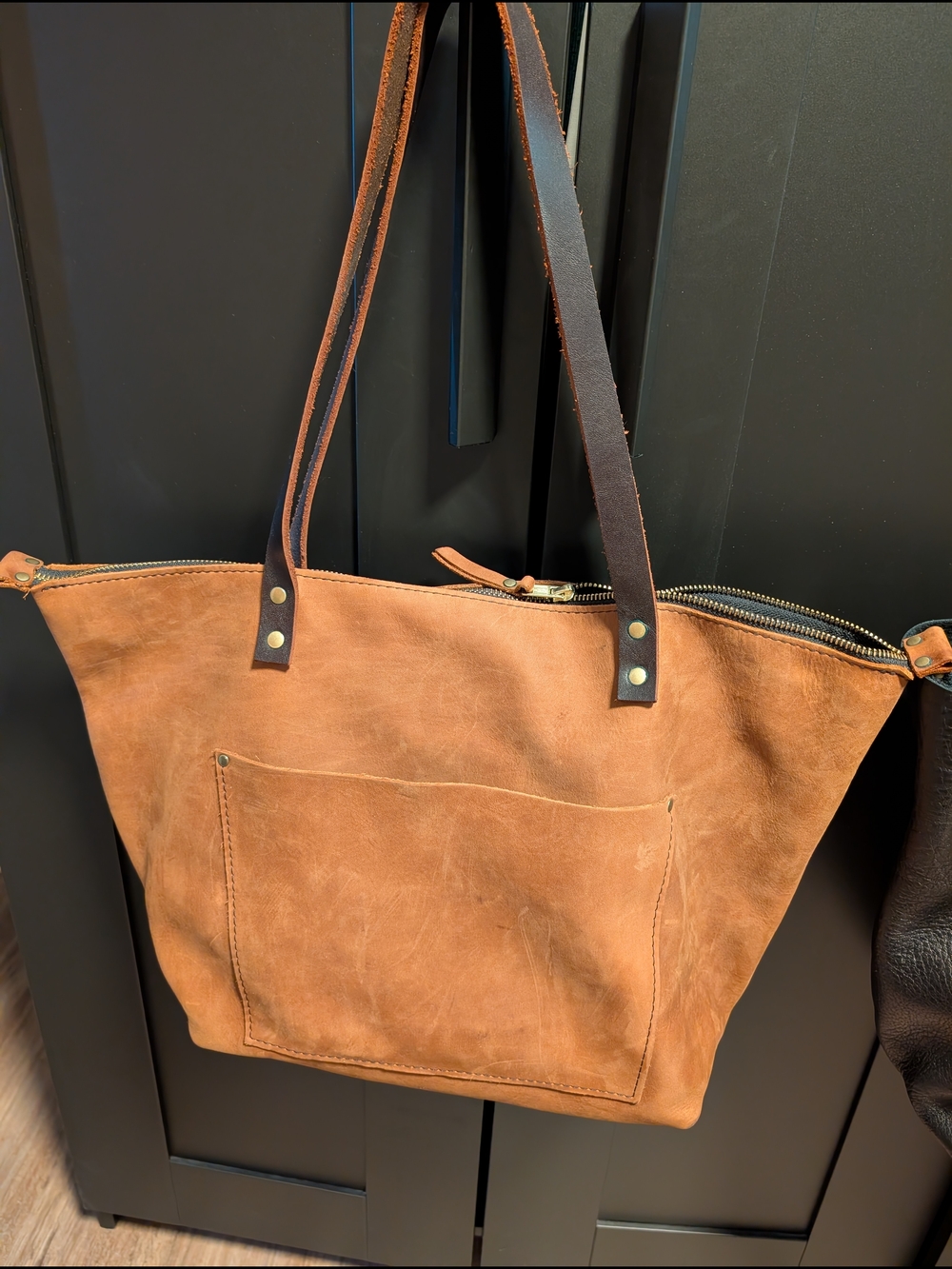 Classic Portland Nubuck Leather  Dakota Tan Tote Bag with Dark Brown Straps
